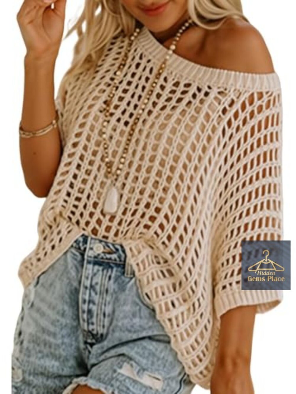 Crochet Off The Shoulder Beach Coverup Scoop Neck Hollow Out Summer Top